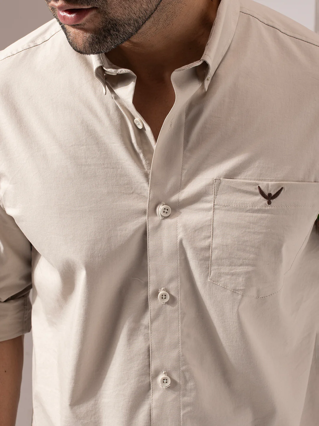 Beige Solid Cotton Shirt - Image 3