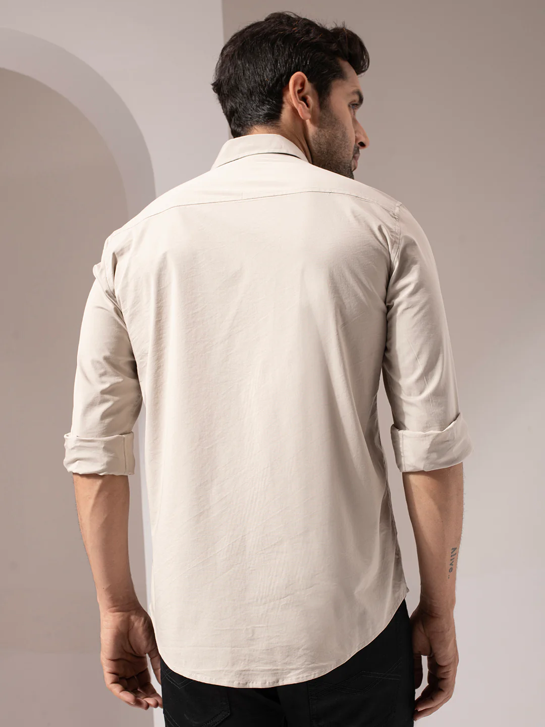 Beige Solid Cotton Shirt - Image 4