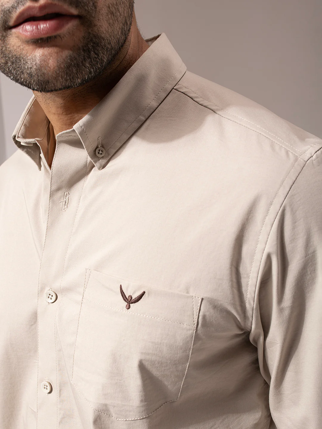 Beige Solid Cotton Shirt - Image 5