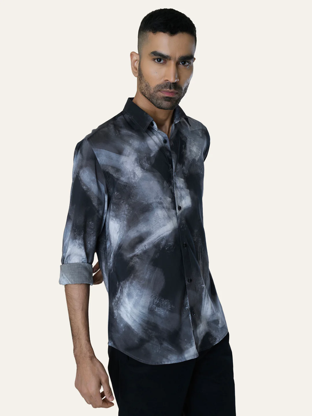 Black Abstract Printed Slim Fit Cotton Shirt - Image 3