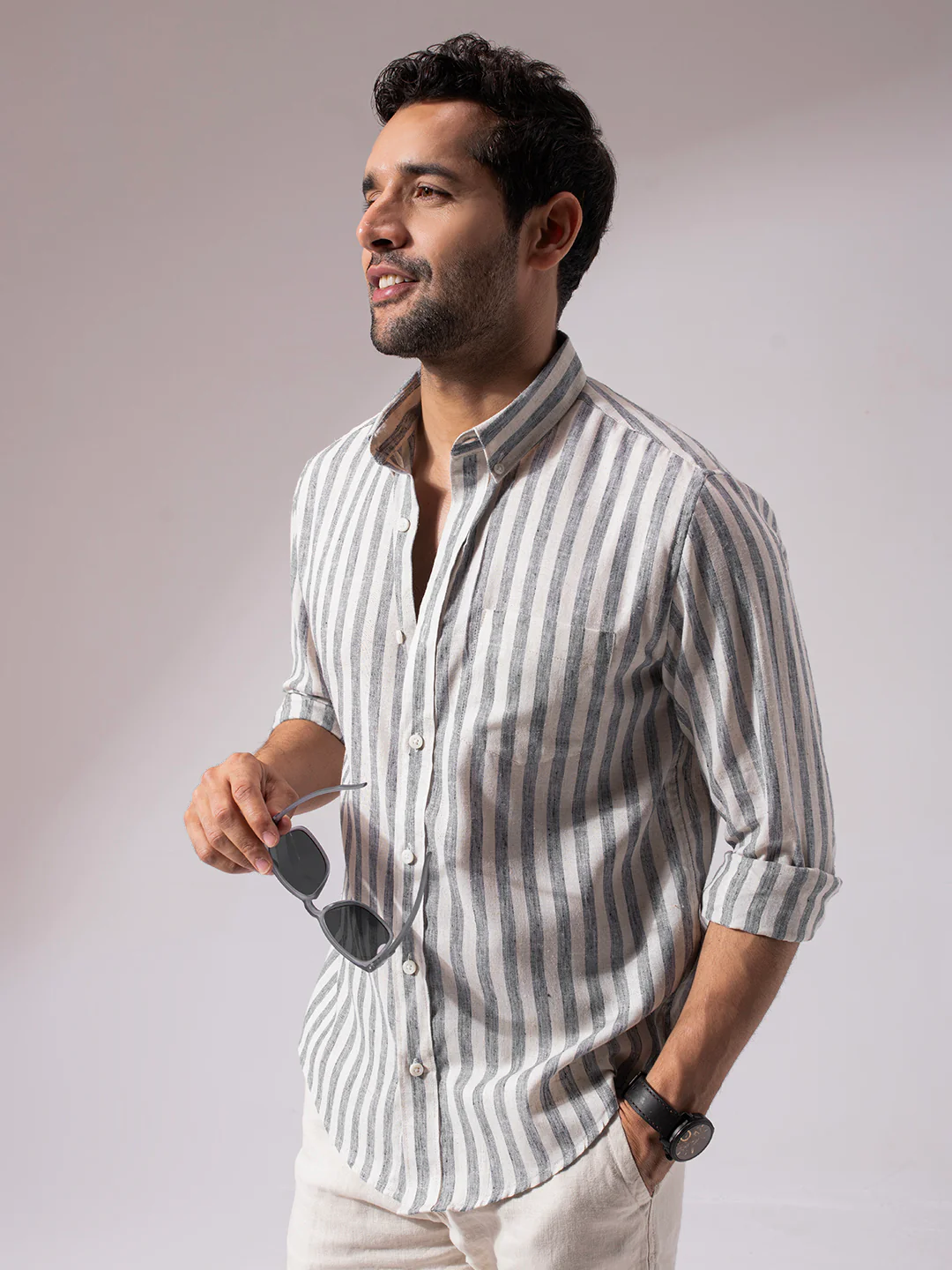 Black Stripes Linen Blend Shirt - Image 3