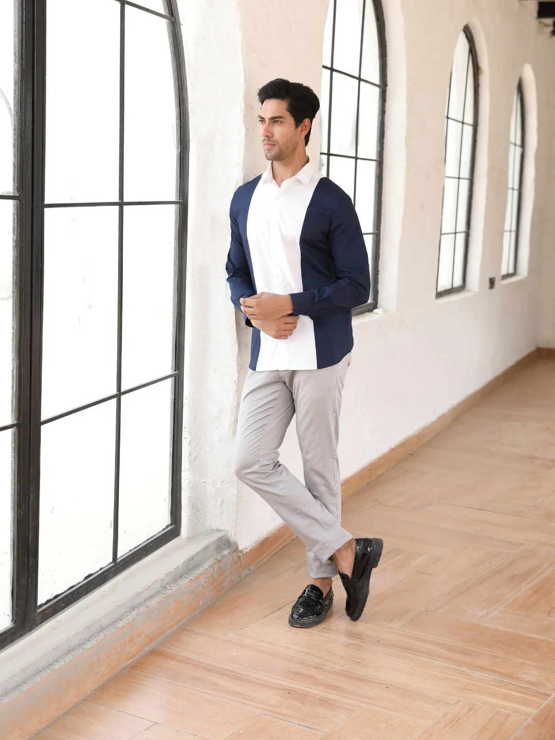 Blue & white Cut & Sew Cotton Shirt - Image 3