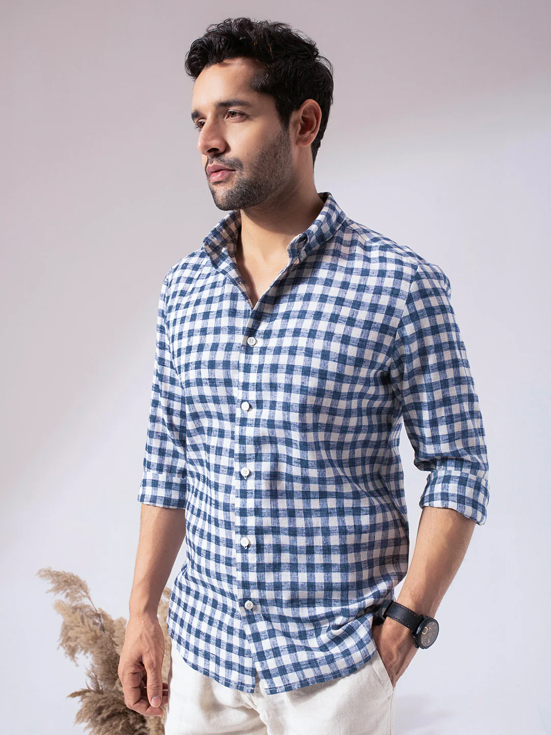 Blue Checks Pre-Washed Linen Blend Shirt - Image 4