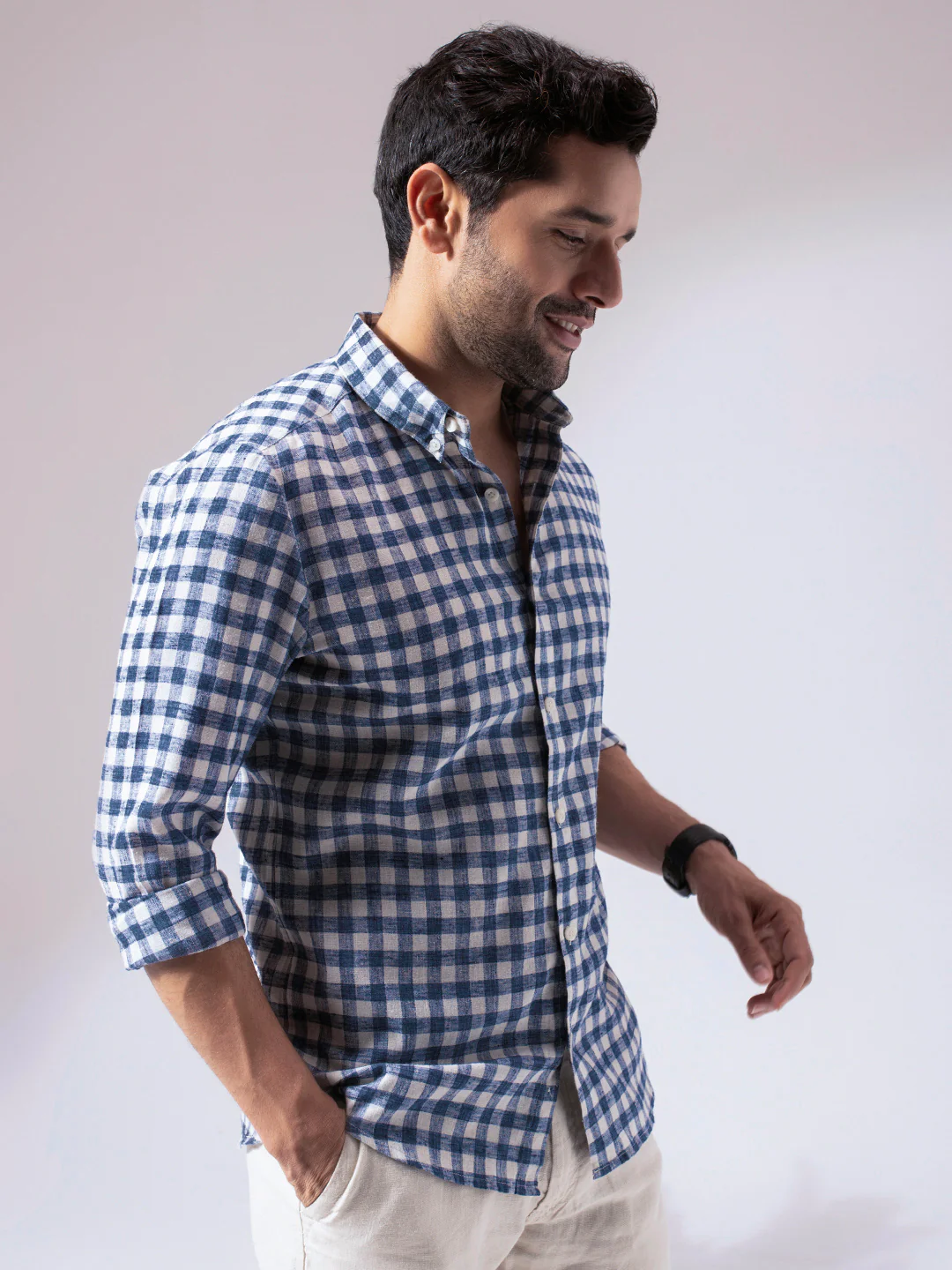 Blue Checks Pre-Washed Linen Blend Shirt - Image 5