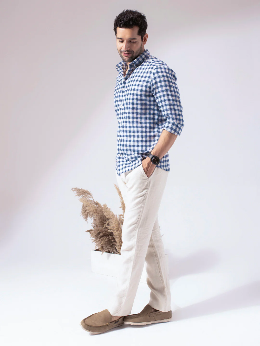 Blue Checks Pre-Washed Linen Blend Shirt - Image 7