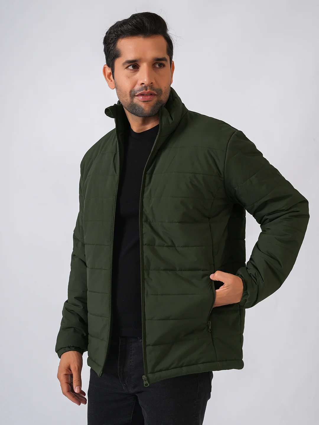 Bottle Green Solid Lightweight Puffer Jacket - Image 3