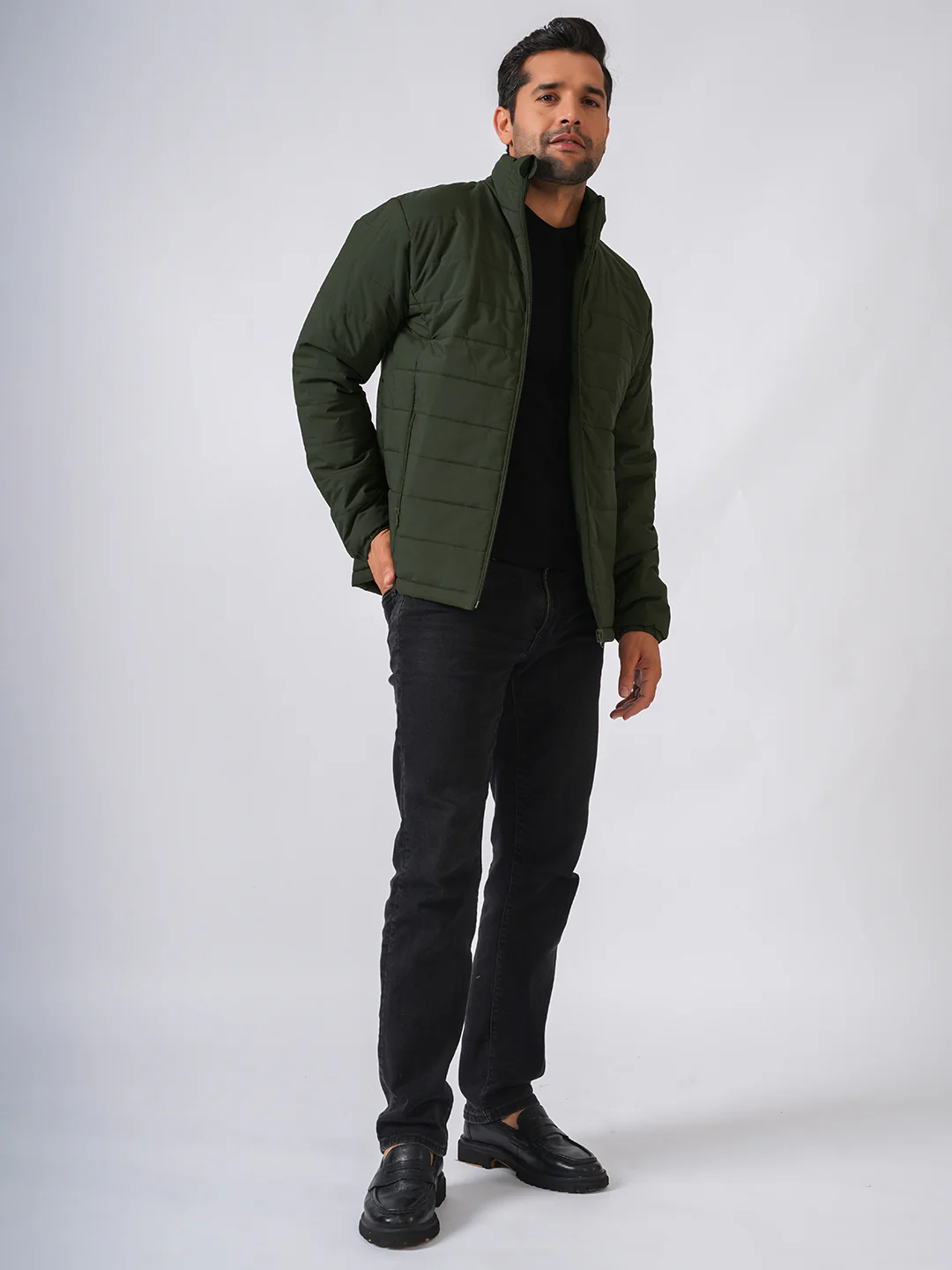 Bottle Green Solid Lightweight Puffer Jacket - Image 4