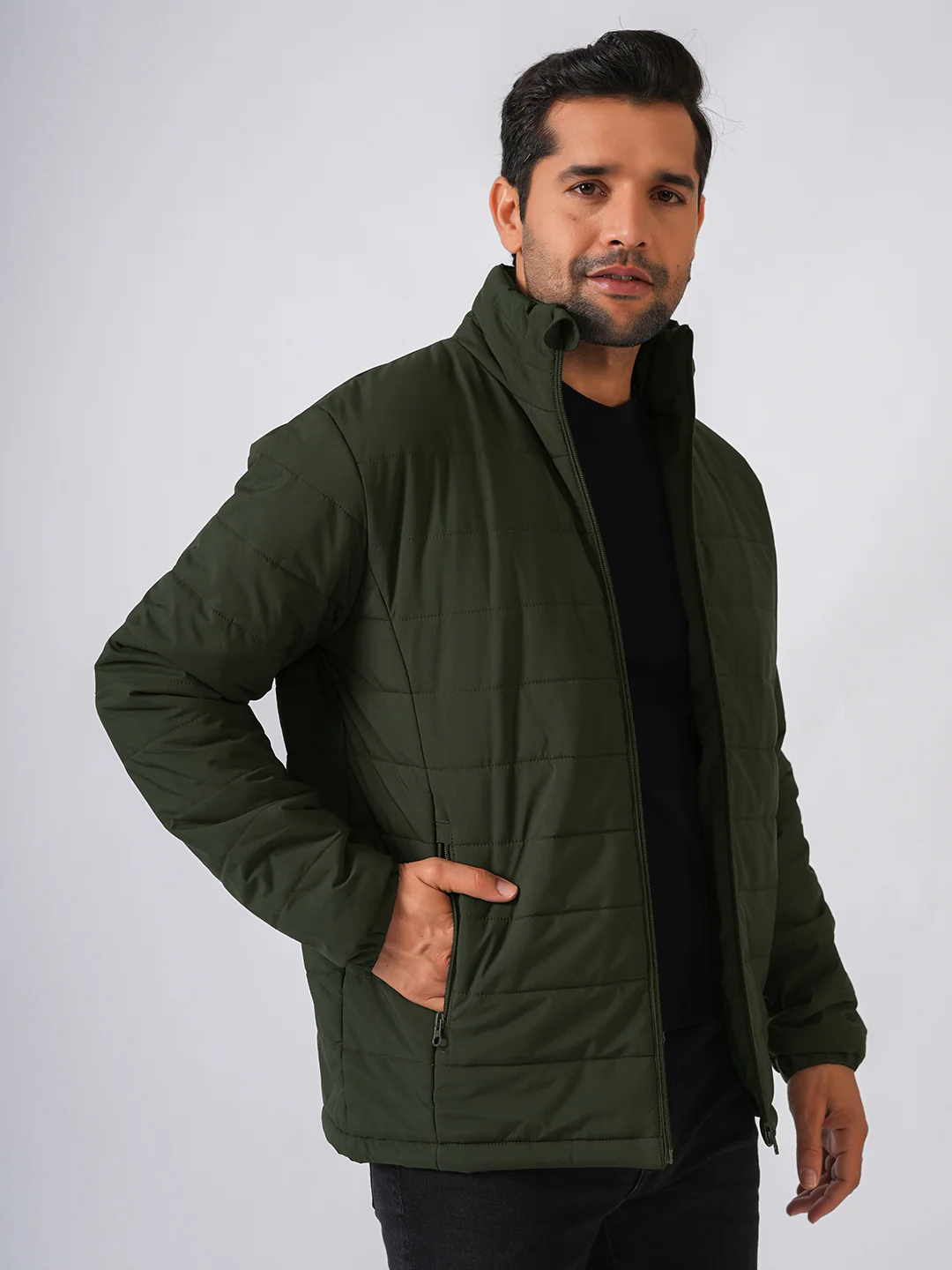 Bottle Green Solid Lightweight Puffer Jacket - Image 6