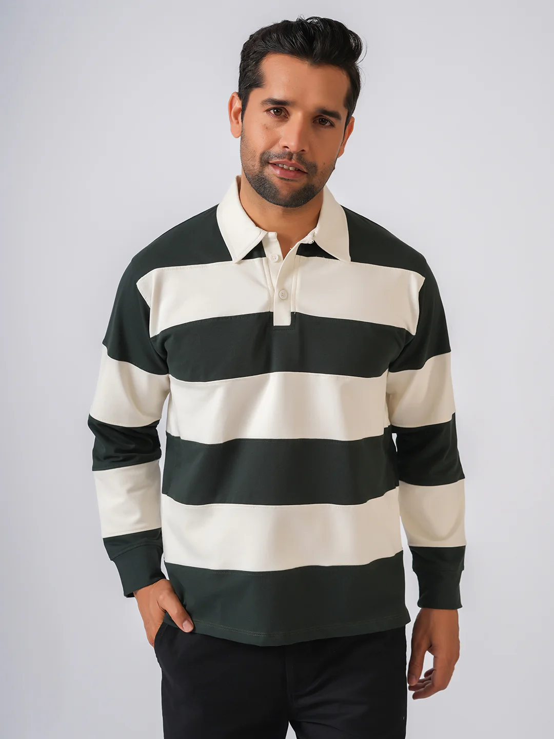 Bottle Green Striped Polo Collar Tshirt - Image 3