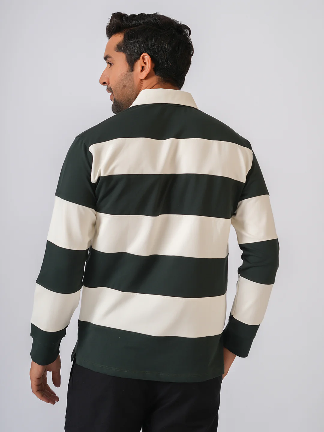 Bottle Green Striped Polo Collar Tshirt - Image 4