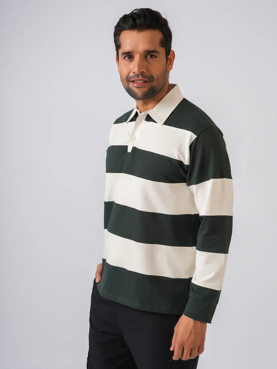 Bottle Green Striped Polo Collar Tshirt - Image 5