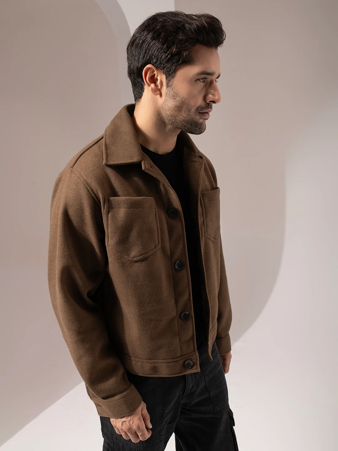 Brown Woolen Solid Crop Jacket - Image 3