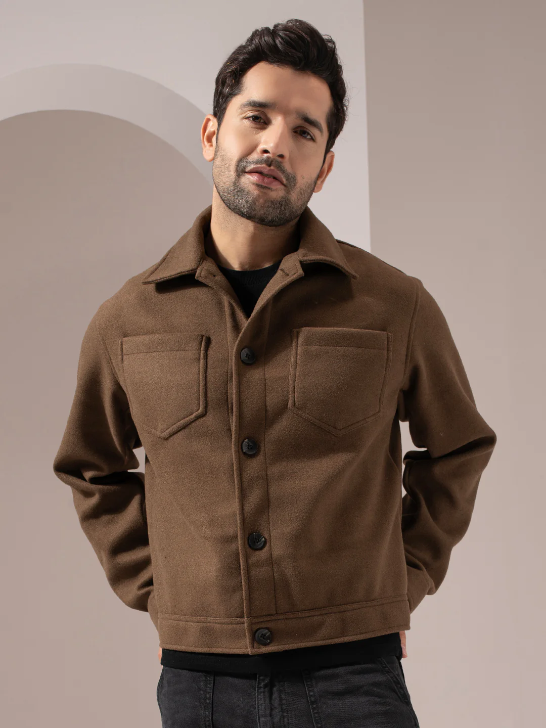 Brown Woolen Solid Crop Jacket - Image 6
