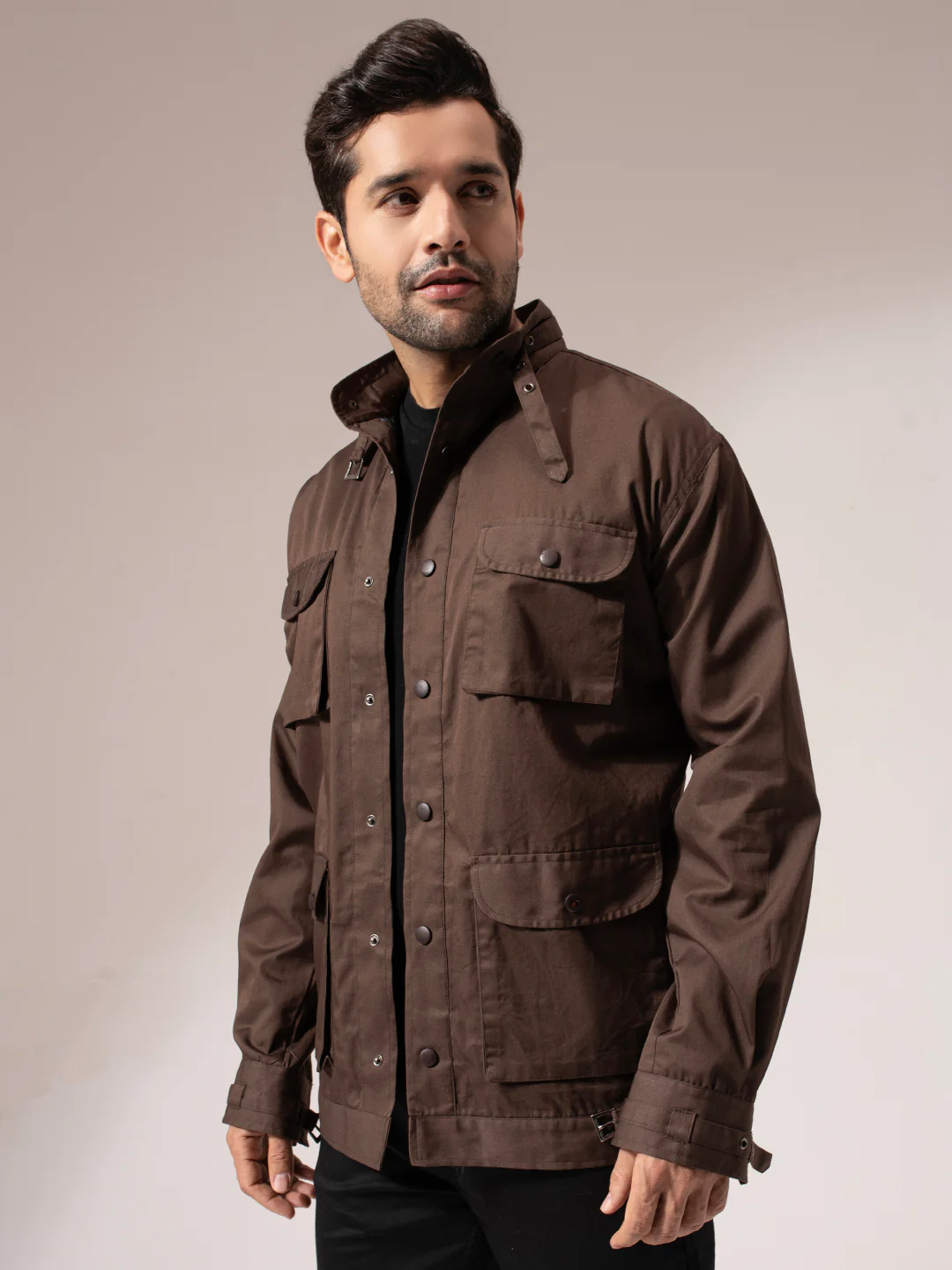 Brown Solid Long Utility Jacket - Image 4