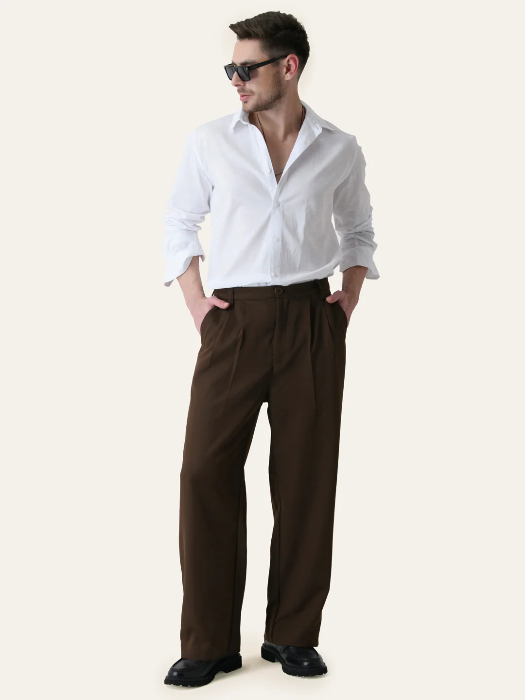 Brown Solid Pleated Korean Pants - Image 5