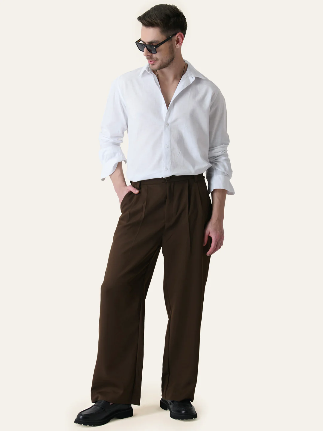 Brown Solid Pleated Korean Pants - Image 6