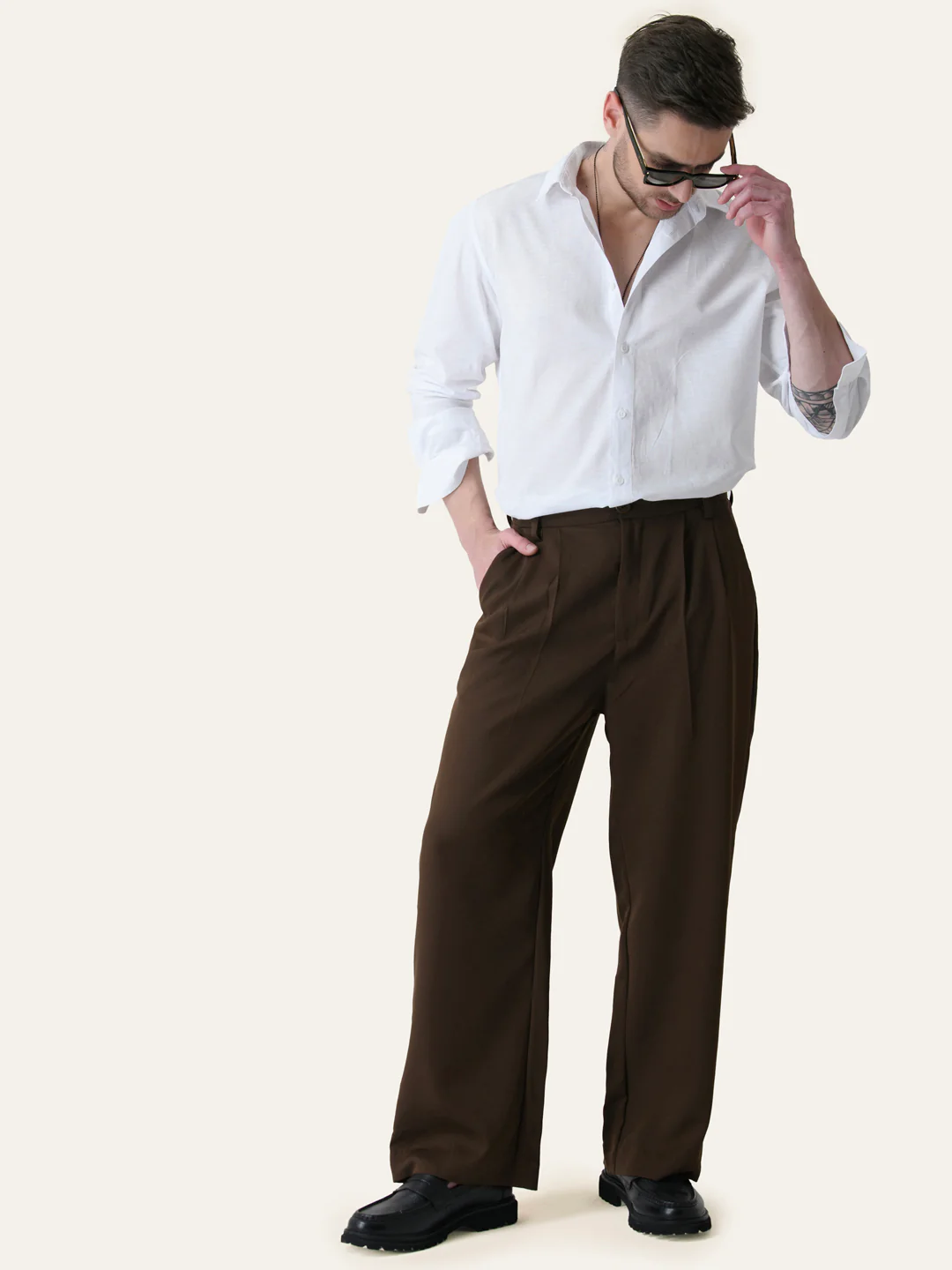 Brown Solid Pleated Korean Pants - Image 7