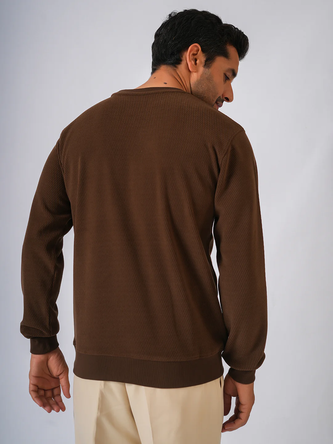 Brown Solid textured Sweat Knit Sweater - Image 3
