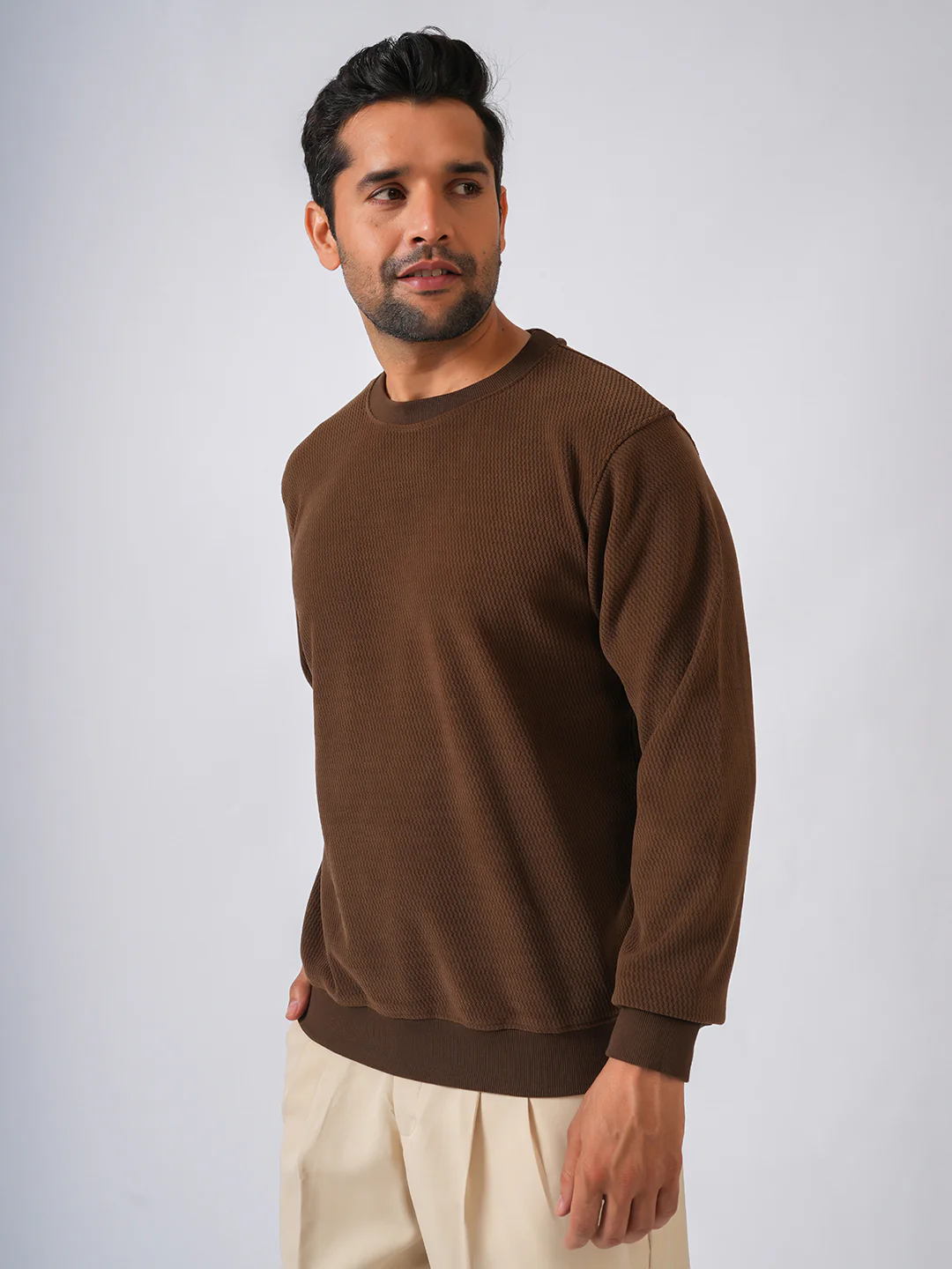 Brown Solid textured Sweat Knit Sweater - Image 4