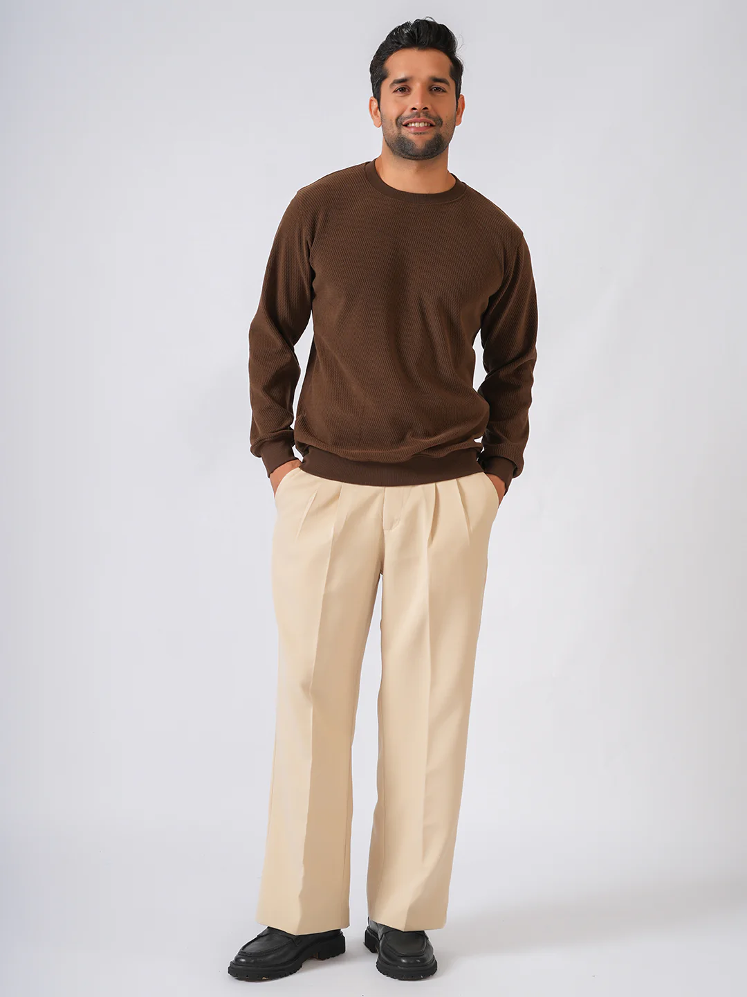 Brown Solid textured Sweat Knit Sweater - Image 5
