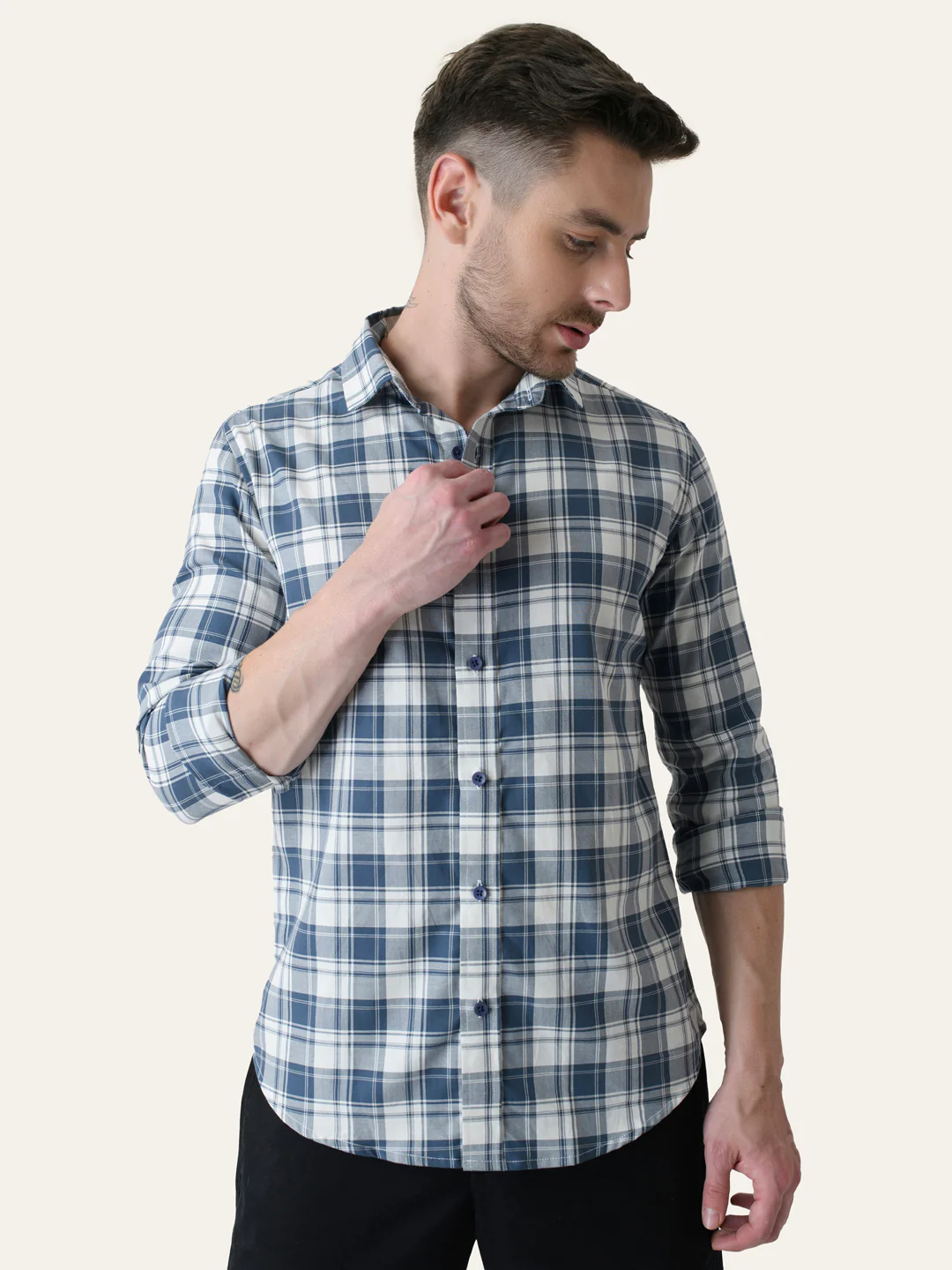 Cameo Blue Cotton Checked shirt - Image 3