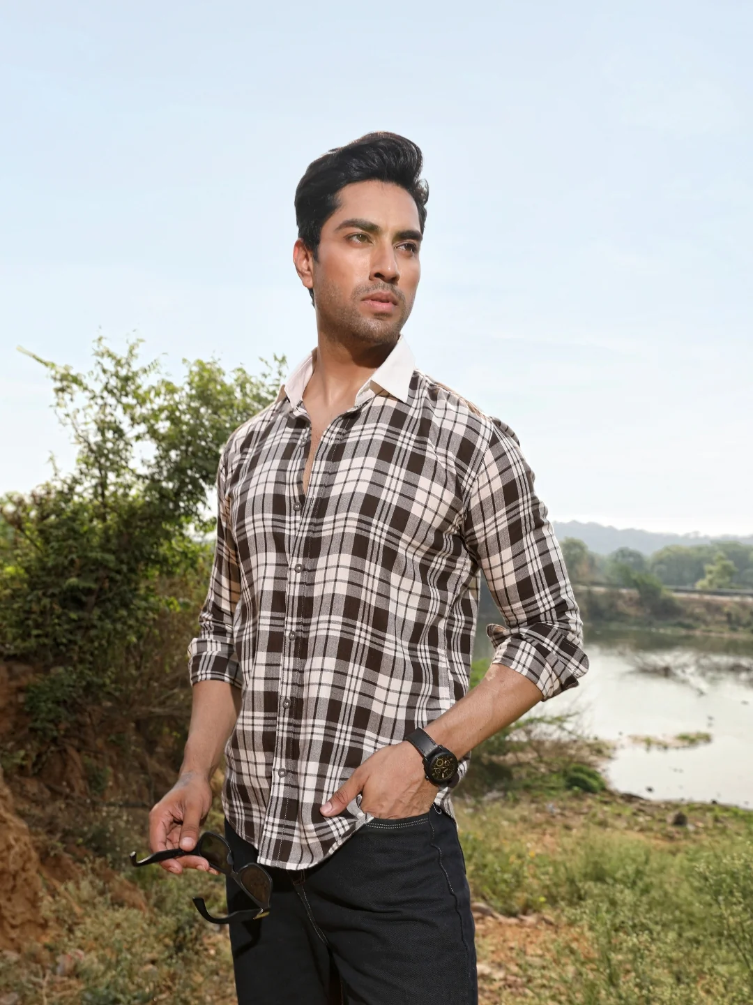 Contrast collar cotton Brown checks shirt - Image 4