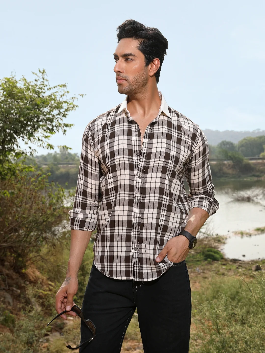 Contrast collar cotton Brown checks shirt - Image 5