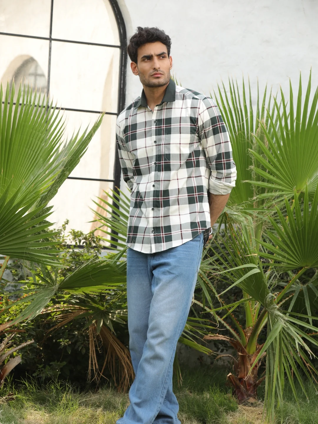 Contrast collar cotton green checks shirt - Image 4