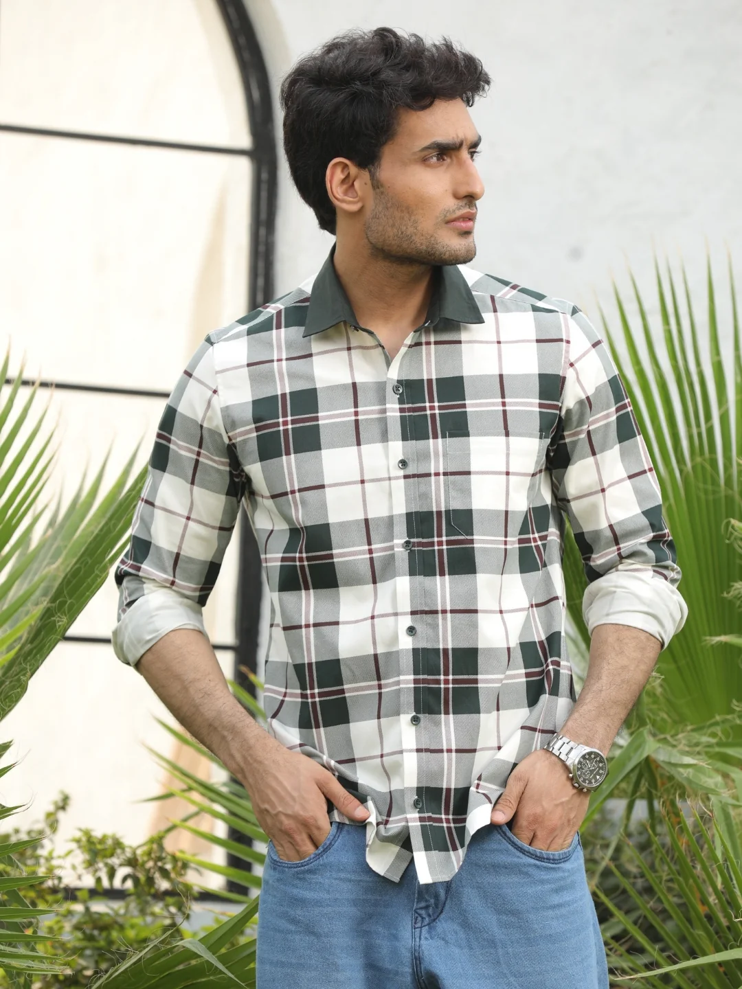 Contrast collar cotton green checks shirt - Image 5