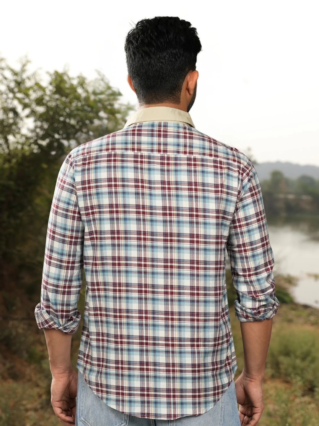 Contrast collar cotton Red checks shirt - Image 4