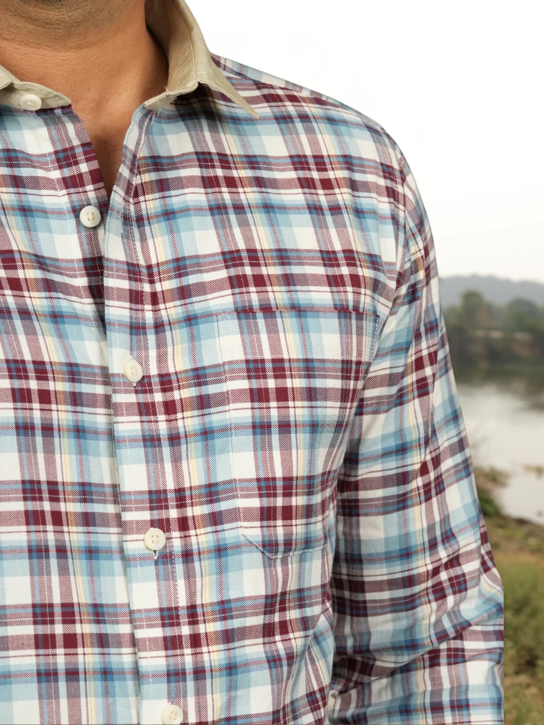 Contrast collar cotton Red checks shirt - Image 5