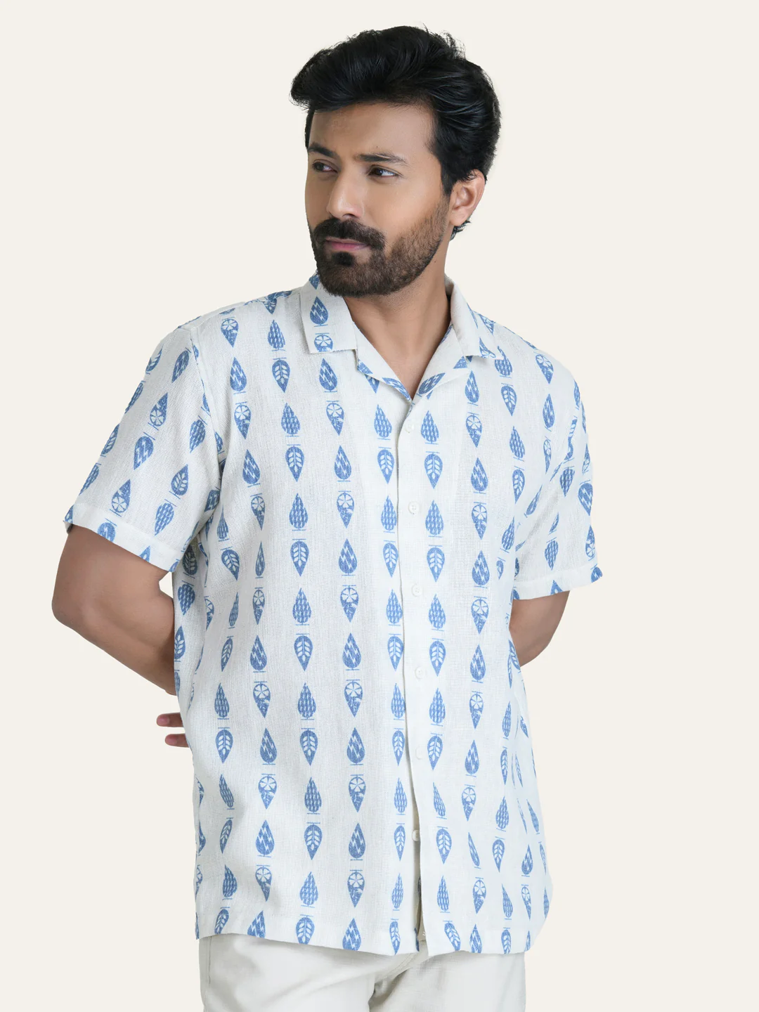 Cream Printed Linen Shirt - Image 3