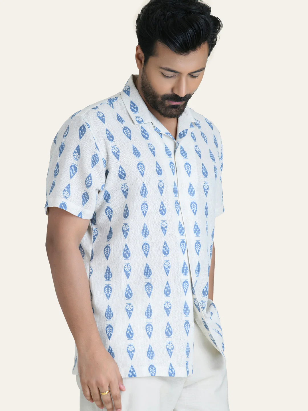 Cream Printed Linen Shirt - Image 4