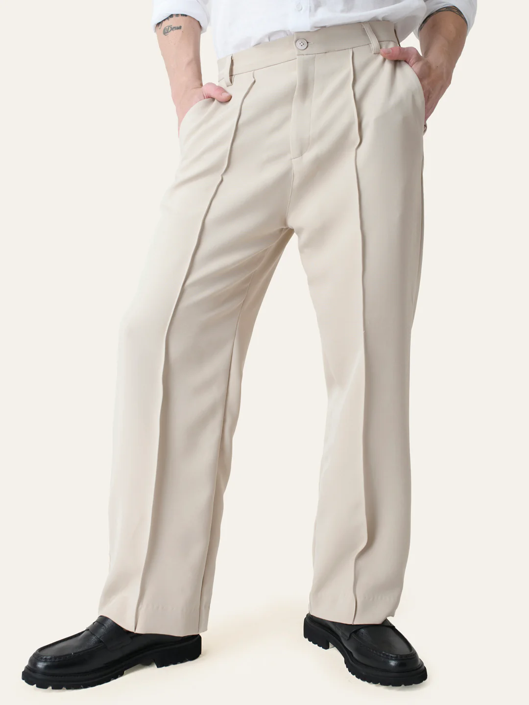 Cream Solid Pintuck Korean Pants - Image 6