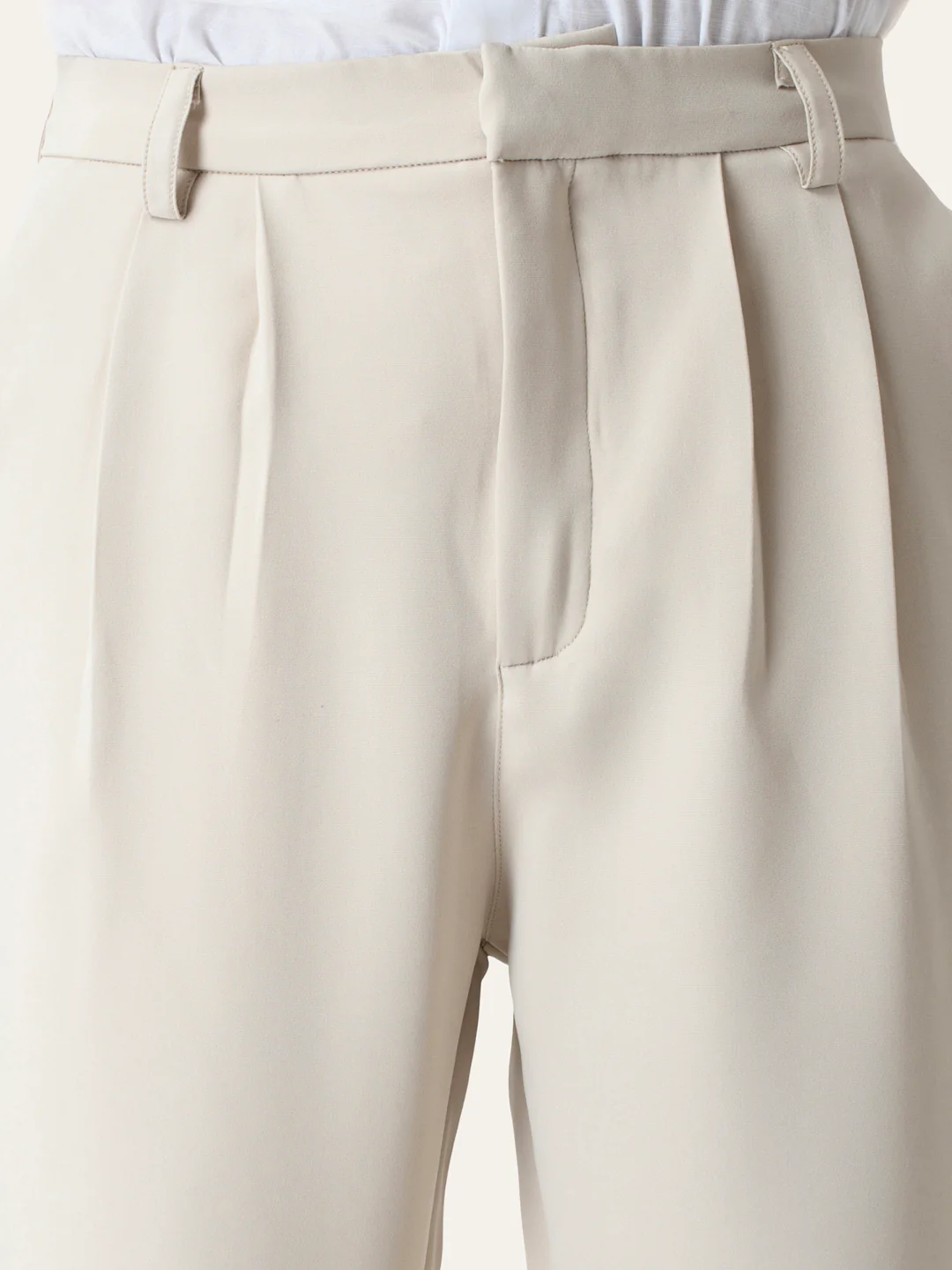 Cream Solid Pleated Korean Pants - Image 3