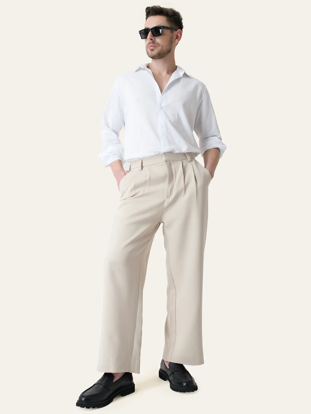 Cream Solid Pleated Korean Pants - Image 5