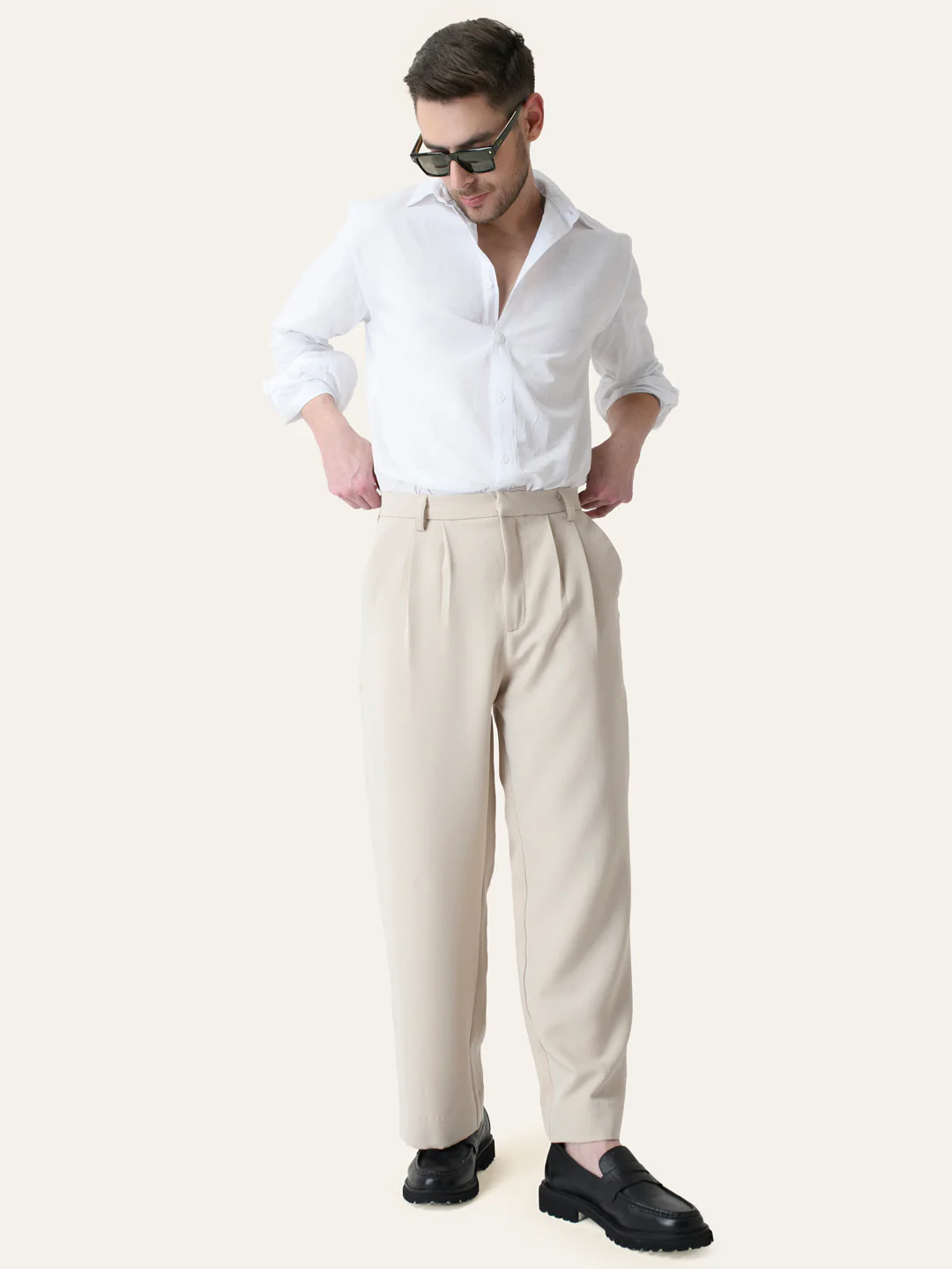 Cream Solid Pleated Korean Pants - Image 6
