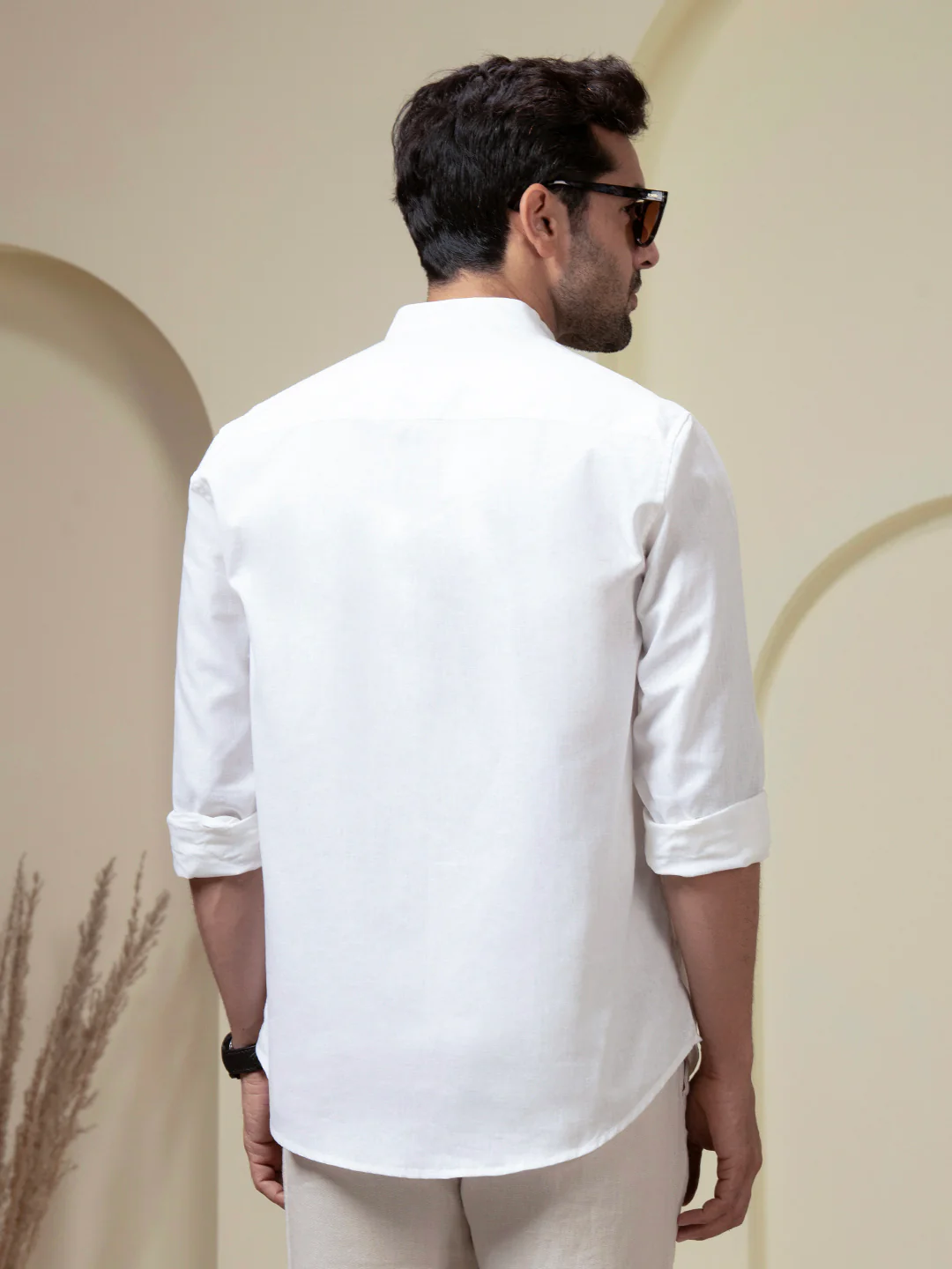 Crystal White Linen Blend Band Collar Shirt - Image 3