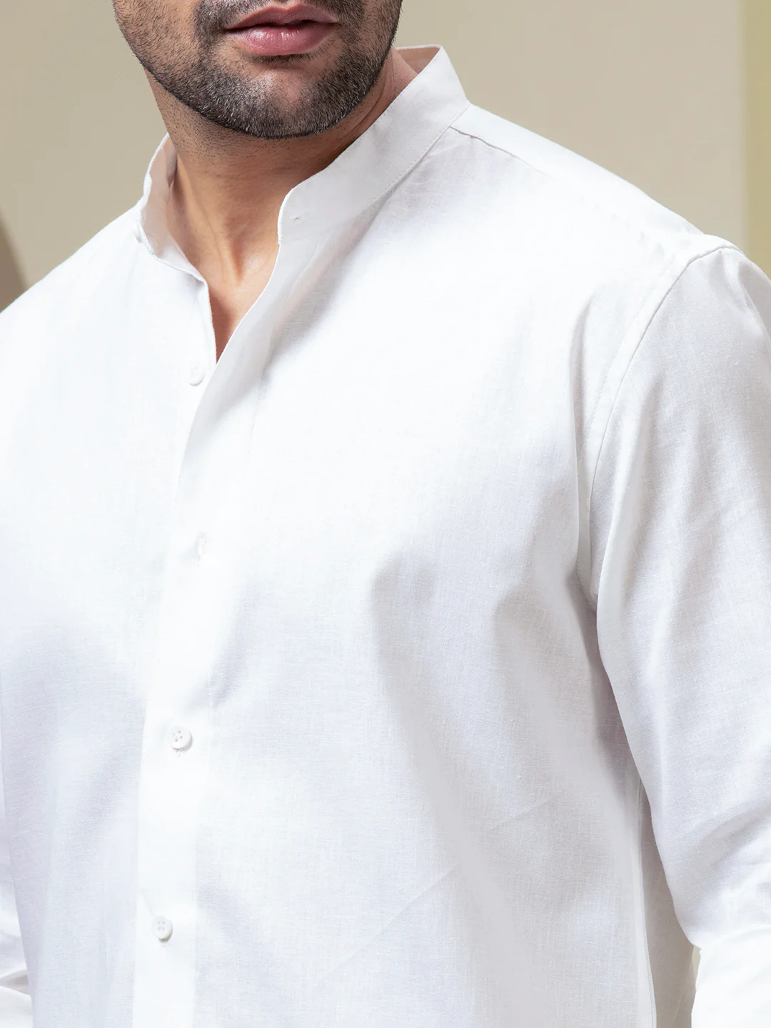 Crystal White Linen Blend Band Collar Shirt - Image 4