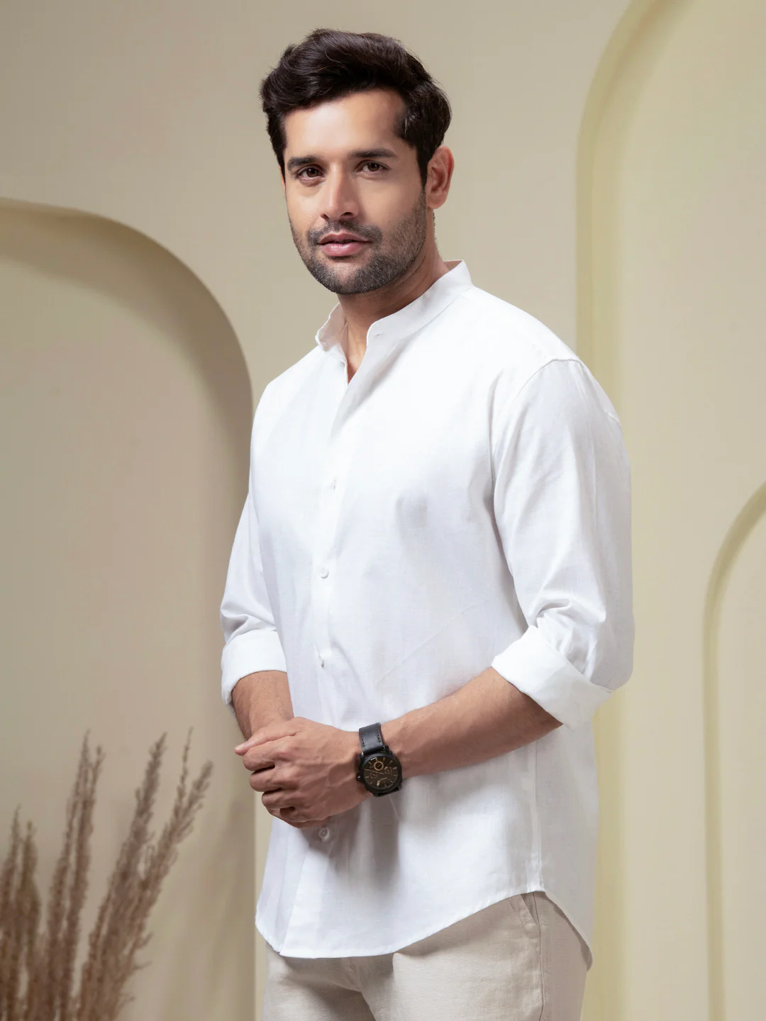 Crystal White Linen Blend Band Collar Shirt - Image 5