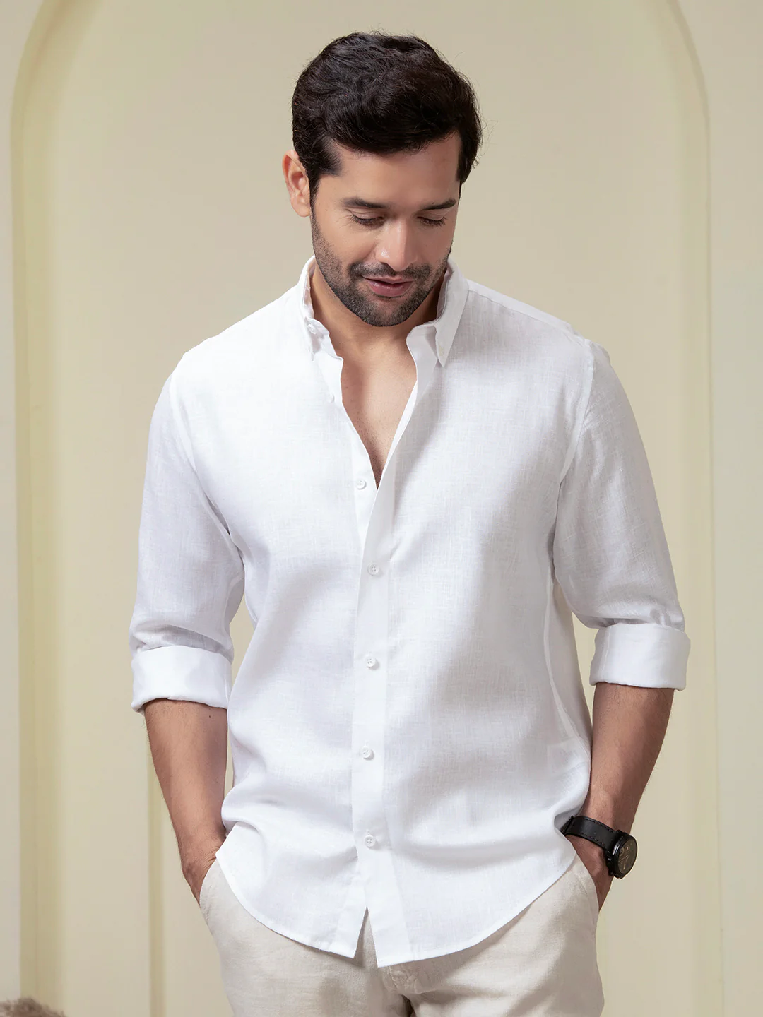 Crystal White Pre-Washed Linen Blend Button Down Shirt - Image 4