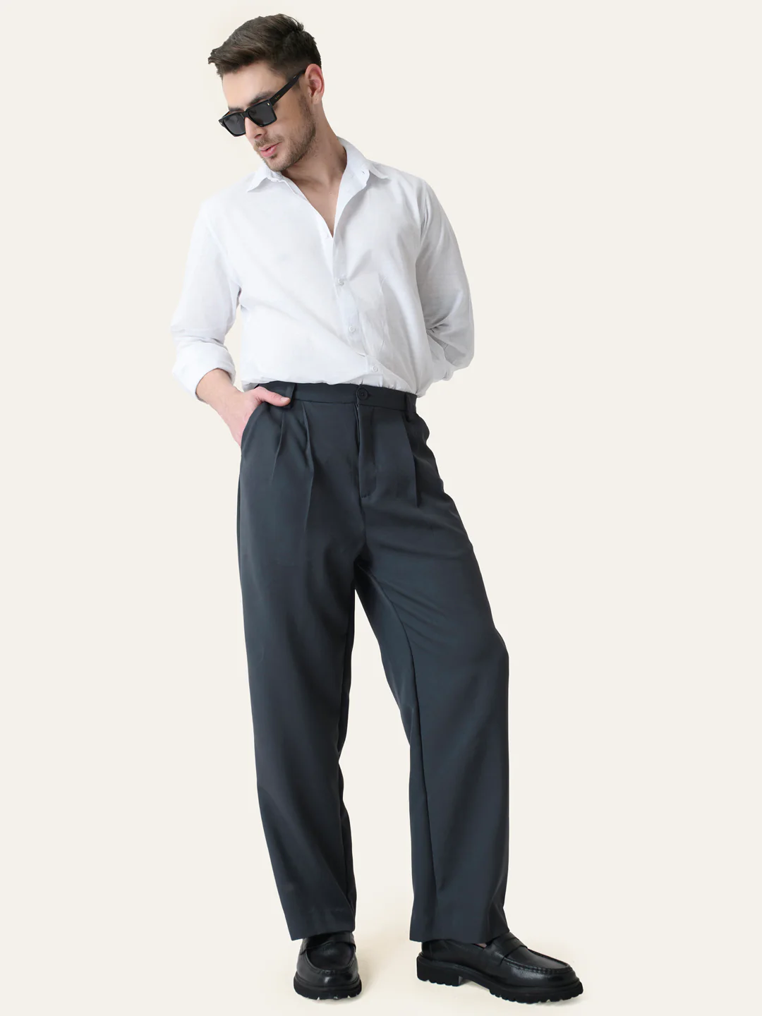 Dark Grey Solid Pleated Korean Pants - Image 5