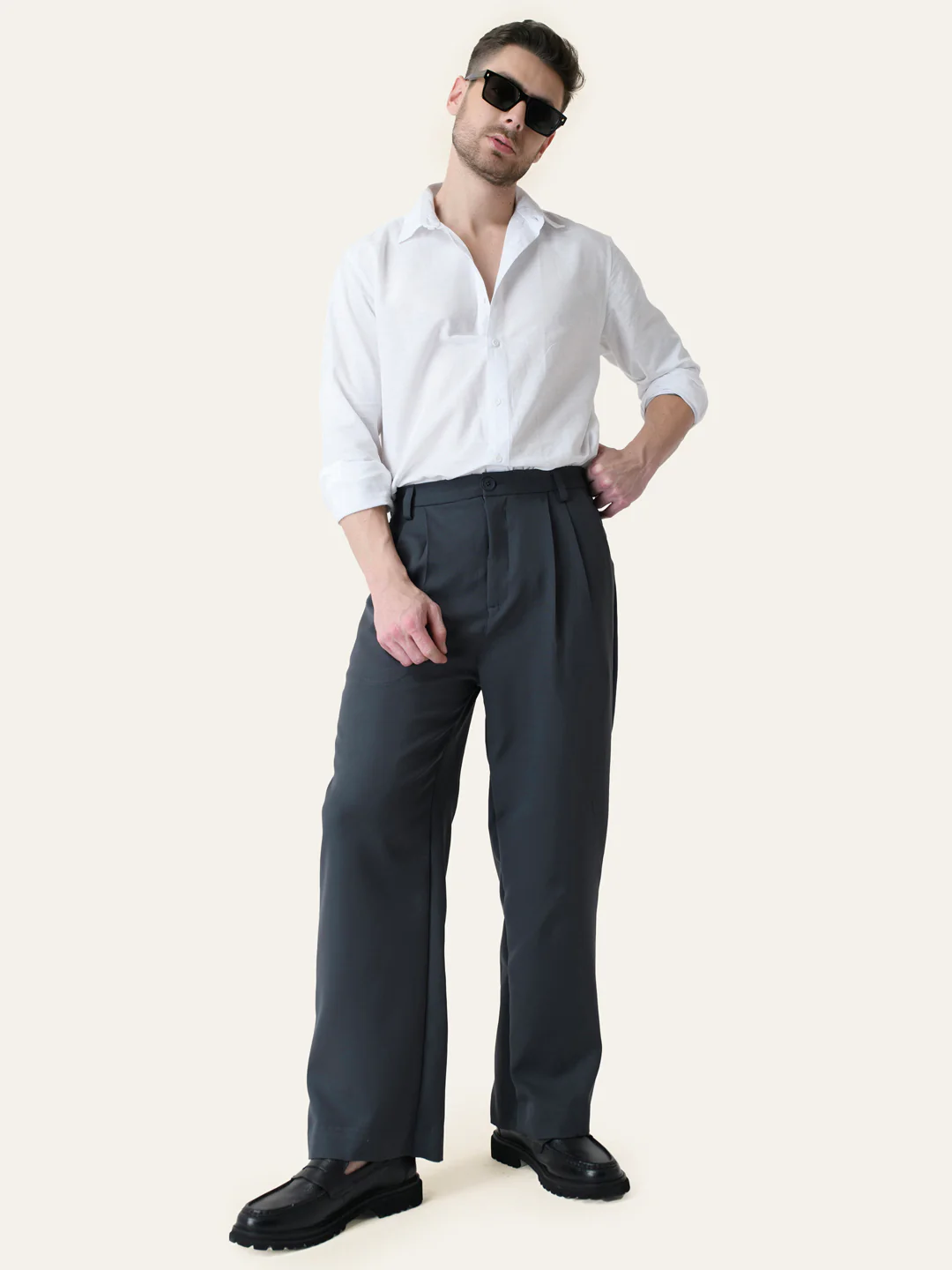 Dark Grey Solid Pleated Korean Pants - Image 6