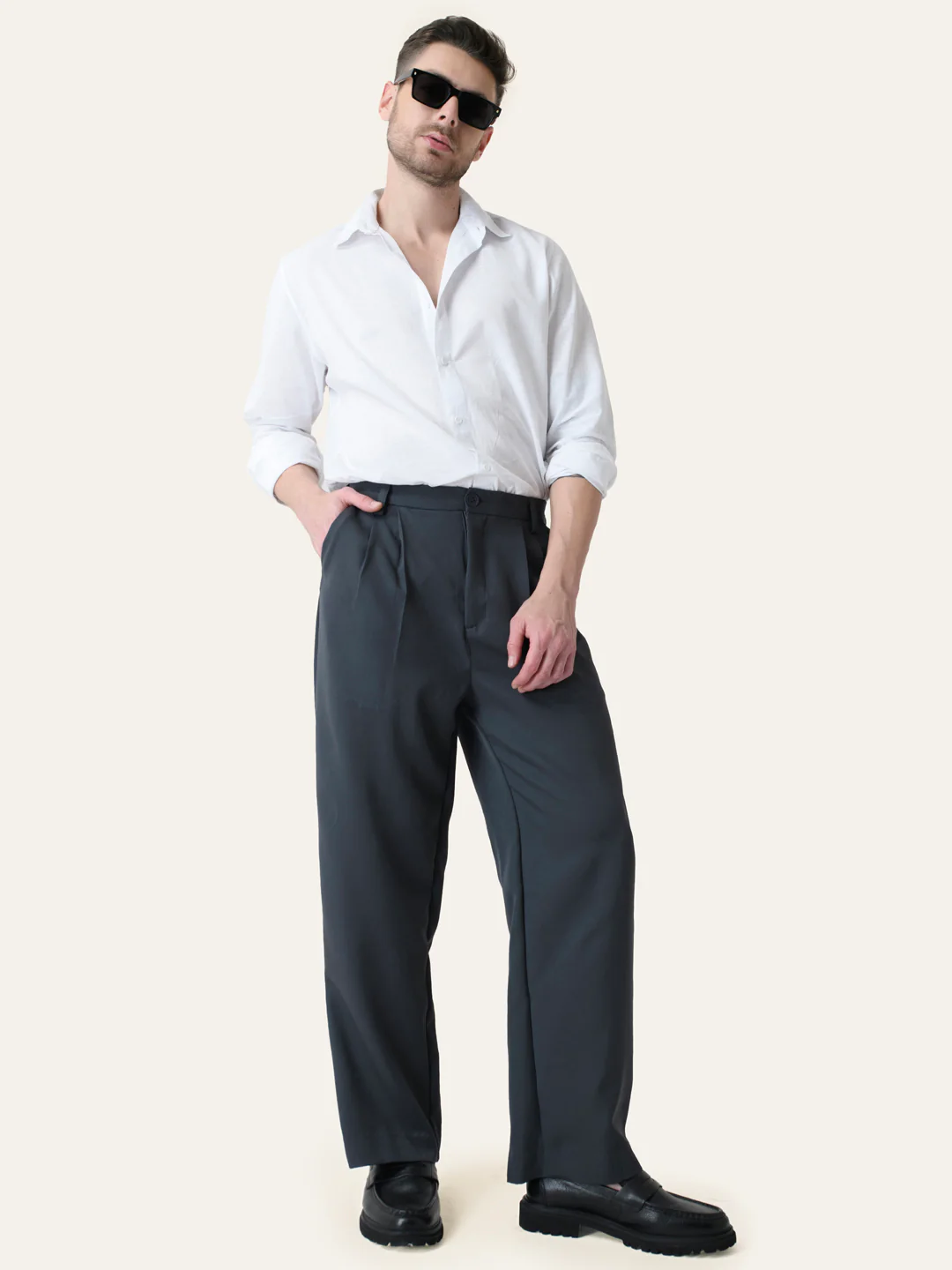 Dark Grey Solid Pleated Korean Pants - Image 7
