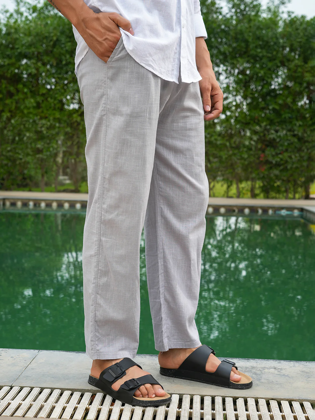 Grey Solid Pre-Washed Linen Trouser - Image 4