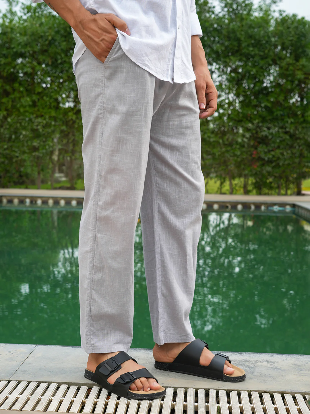 Grey Solid Pre-Washed Linen Trouser - Image 6