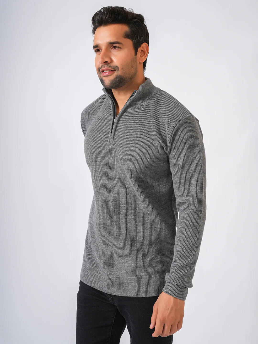 Grey Solid Ribbed Zip-Top Lightweight Pullover-Sweater - Image 3