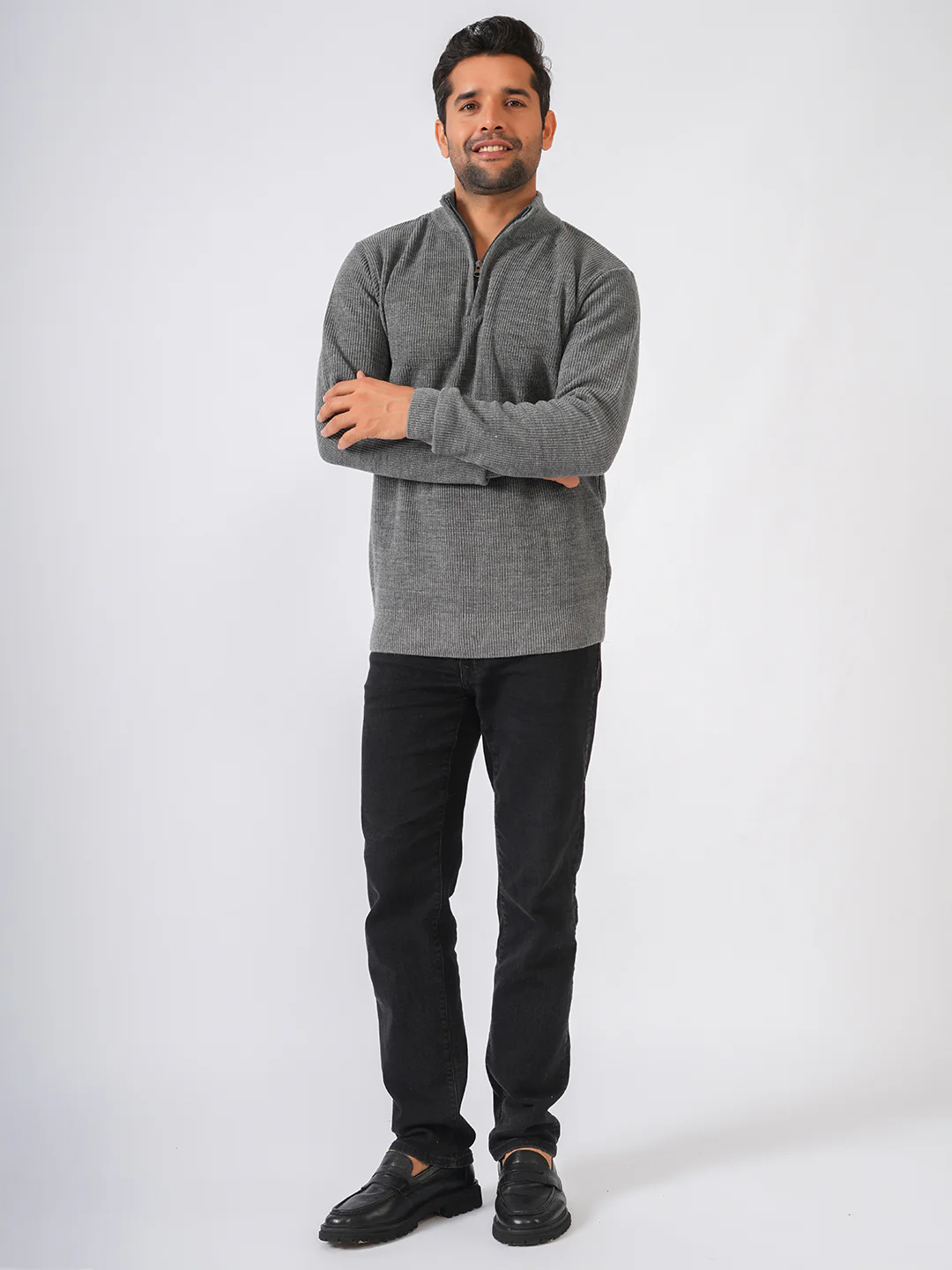 Grey Solid Ribbed Zip-Top Lightweight Pullover-Sweater - Image 4