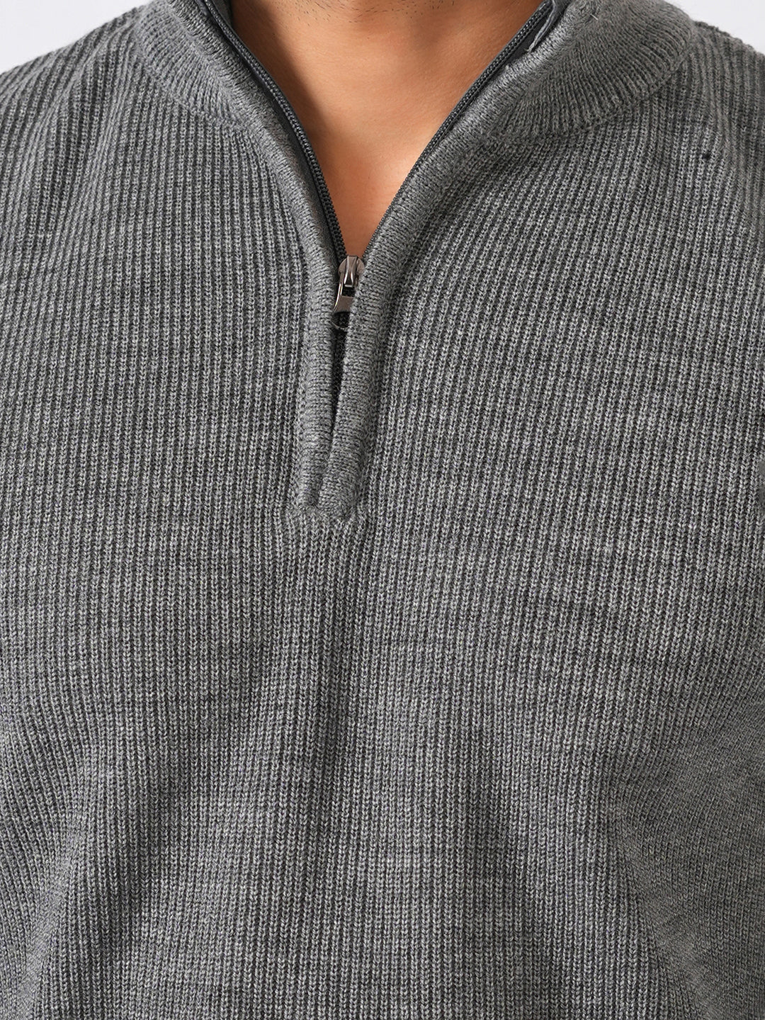 Grey Solid Ribbed Zip-Top Lightweight Pullover-Sweater - Image 5