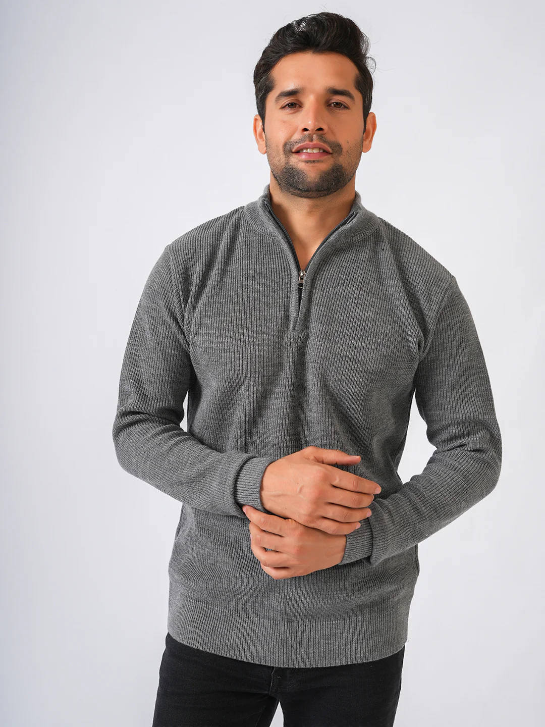 Grey Solid Ribbed Zip-Top Lightweight Pullover-Sweater - Image 6